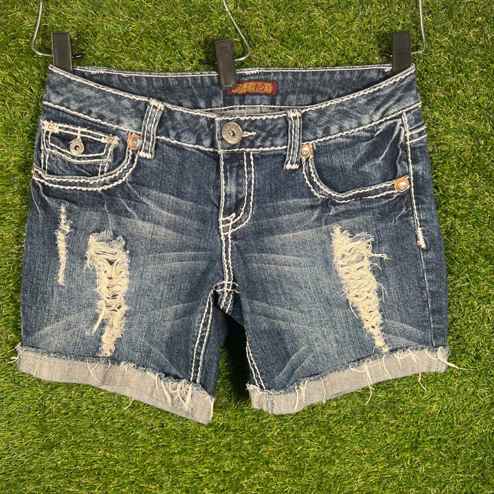 Zana‎ Di Womens Size 7 Distressed Denim Shorts Low Rise Thick Stitch Frayed Hem